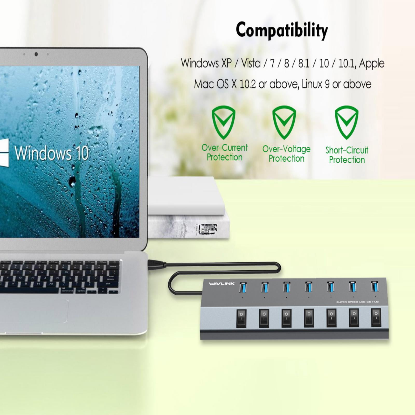 7-Port USB 3.0 Superspeed Hub with 48W Power Adapter, On/Off Switches with BC 1.2 Charging Support for Macbook, iPad, iPhone, Laptops, Tablets, Mobile HDD and more