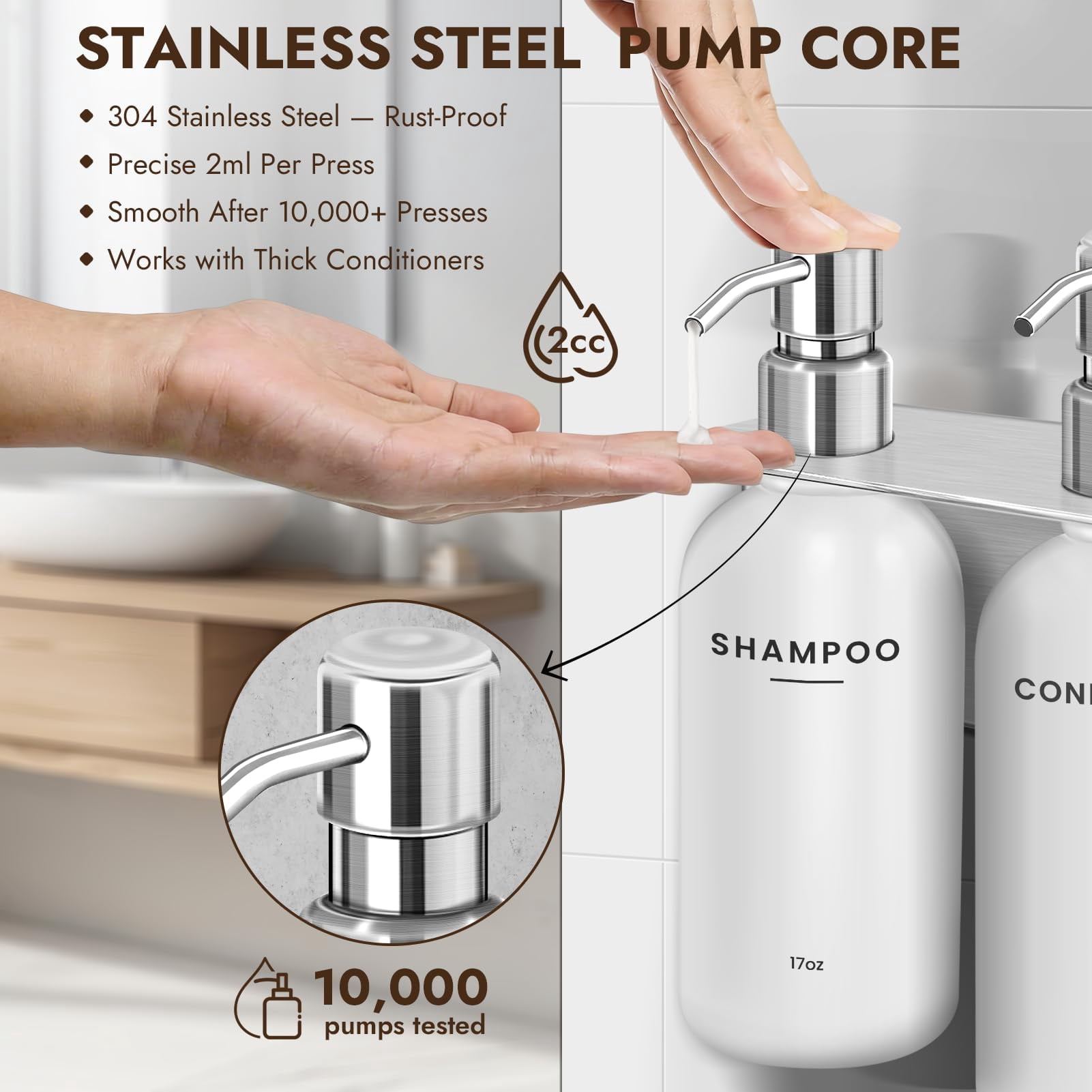 Shampoo and Conditioner Dispenser - Shower Soap Dispenser Wall Mounted - 17 fl oz Set of 3 Silver Plastic Bottles with Pumps & No-Drill Adhesive Holders for Bathroom