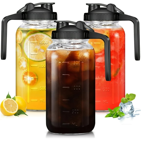 3-Pack 64oz Wide Mouth Mason Jars – Flip-Top Lid Glass Bottles for Breastmilk, Iced Tea, Juice & Coffee – Fridge Safe, Dishwasher Friendly & Leakproof
