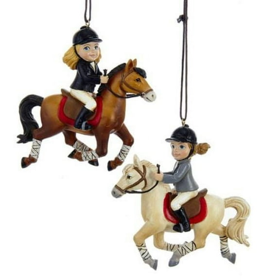 Resin English Little Girl Riding Horse Chrismas Ornaments 2 assorted