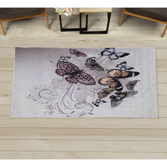 Butterfly Decorative Rug, Monarch Butterflies Vintage Damask Inspired Design, Quality Carpet for Bedroom Dorm and Living Room, 6 Sizes, Pale Rose, by Ambesonne