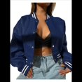 thumbnail image 1 of Chaqueta de Corta con Botones y Larga con Cuello Alto para Mujer, Estilo Motero Informal, para Otoño. Azul M, 1 of 5