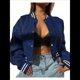 thumbnail image 1 of Chaqueta de Corta con Botones y Larga con Cuello Alto para Mujer, Estilo Motero Informal, para Otoño. Azul M, 1 of 5
