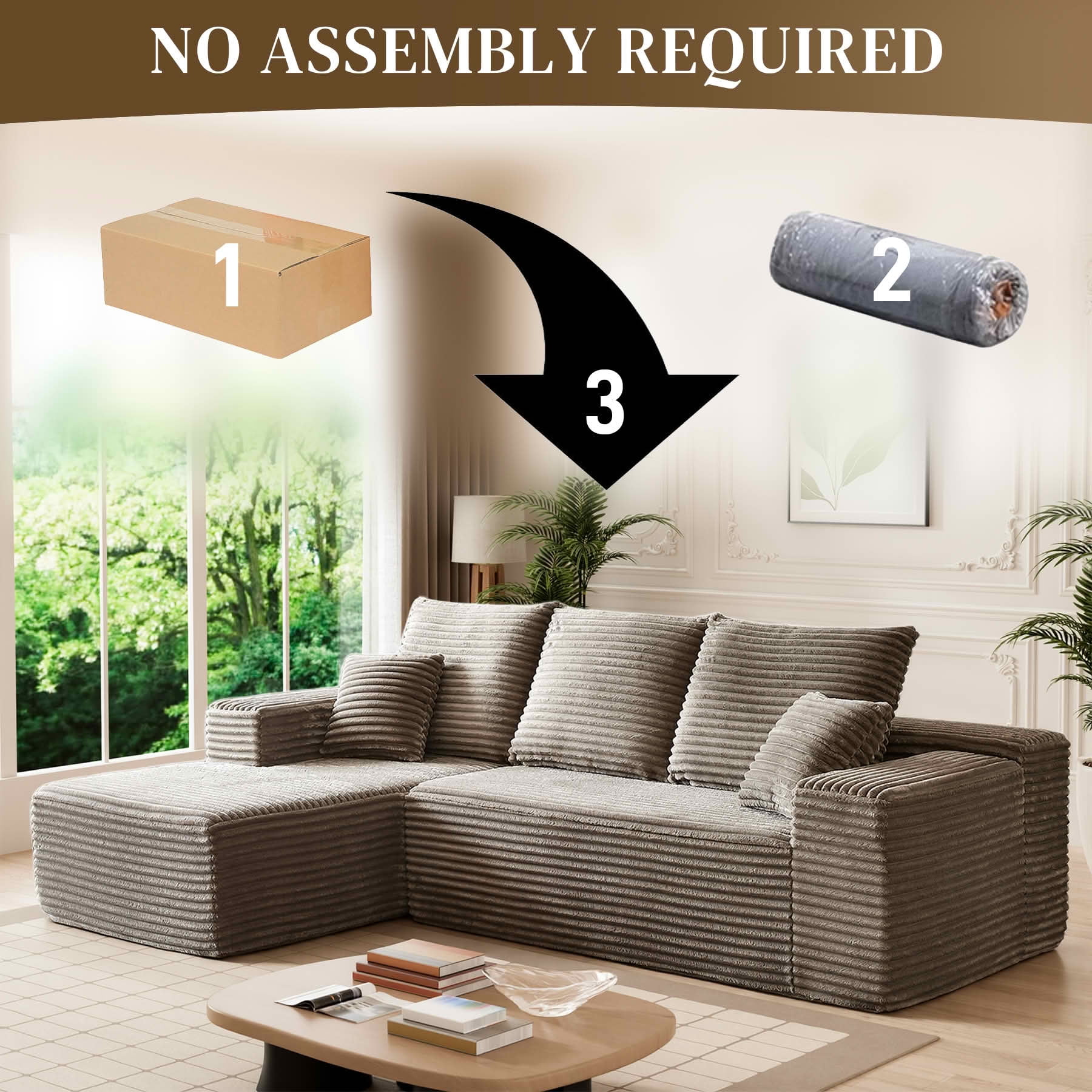 MAYEERTY 107-Inch Brown Faux Rabbit Hair Corduroy 6-Seat L-Shaped Modular Cloud Sofa, Minimalist Deep Seat Sleeper Sectional with Recliner, No Assembly Required