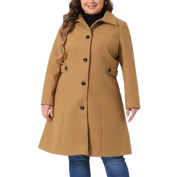 GRACE & GRANDEUR Abrigos de Invierno para Mujeres Talla Grande Chaquetas de Un Solo Botón Abrigos Largos 4X Camel