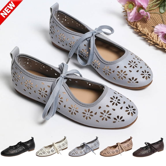 Tqyyweavej Women's Ballet Flats Shoes Cutout Closed Toe Tied Pumps Oversized Solid Color Versatile Mary Jane Flats Gifts for Women