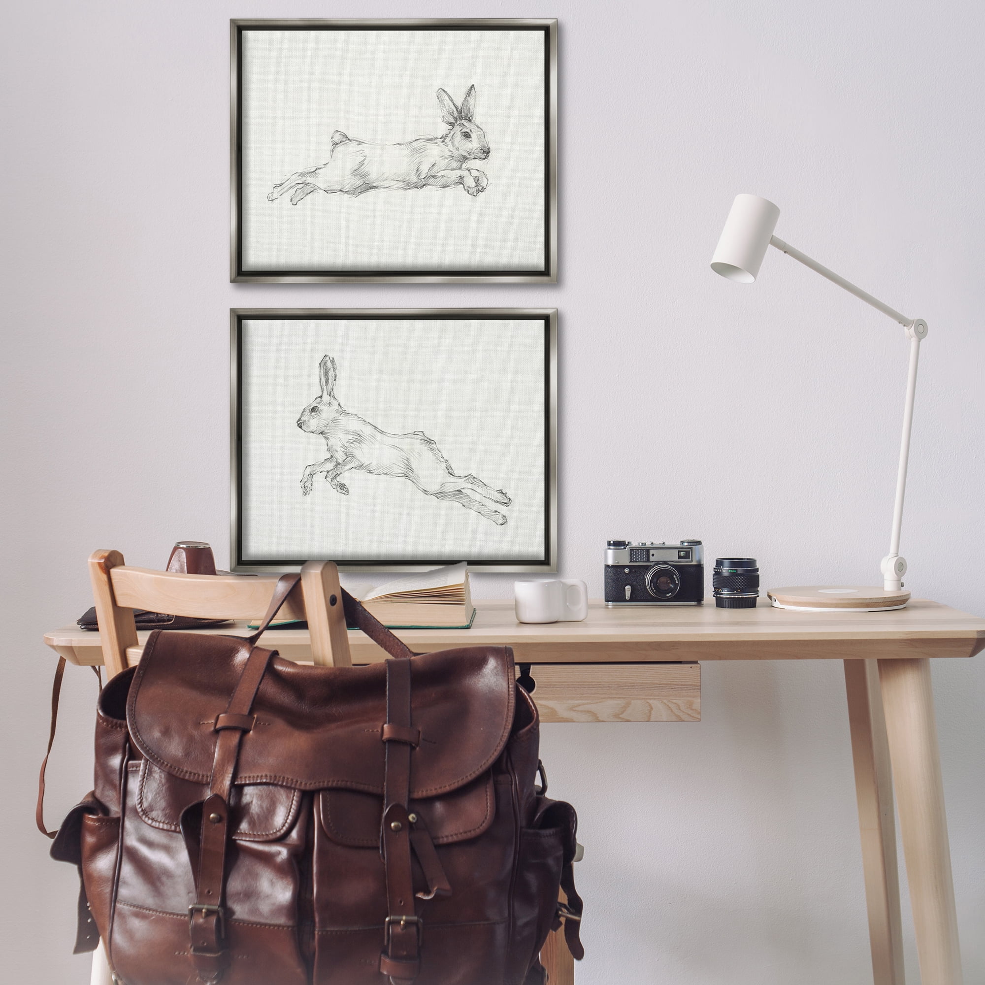 Stupell Industries Pencil Sketch Rabbit Jumping Animals Drawing Gray Floater Framed Canvas Art Print Wall Art, 31 x 25, Set of 2
