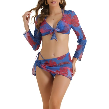 Elerevyo Women s Drawstring Halter Bikini Sets  4 Piece Tie Back Swimsuit Triangle Bottoms Cover Up Tops Bottoms X-Small Blue Red
