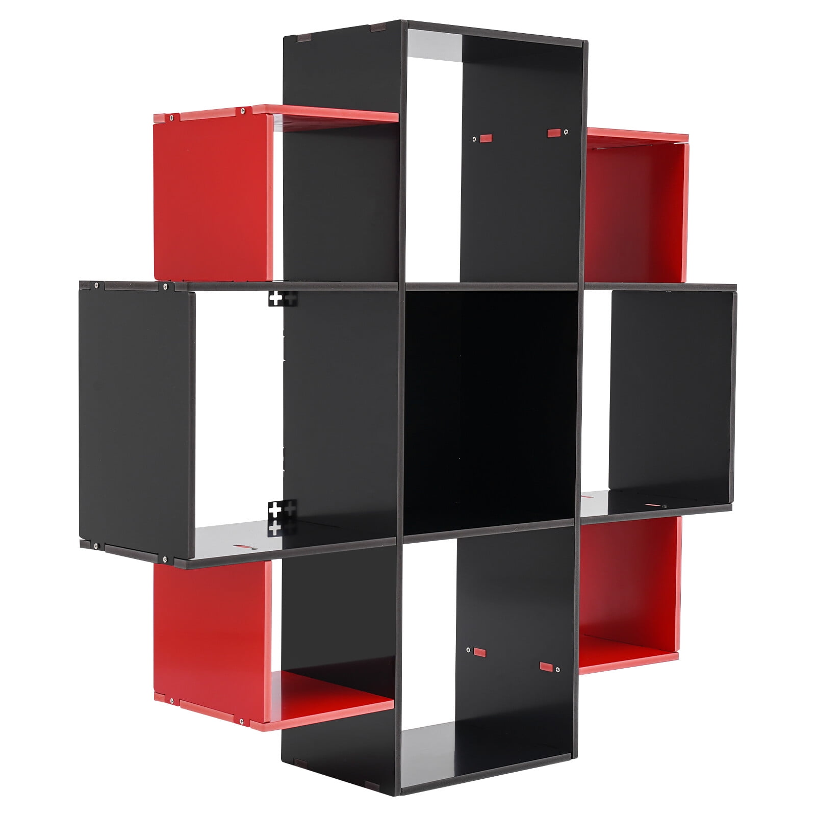 3-Tier Bookcase Wall Mounted Book Shelf Modern Floating Shelf Bookcase with 9 Compartments, Floating Cube Shelves, for Study, Office, Kitchen, Bedroom, and Living Room (Red&Black)