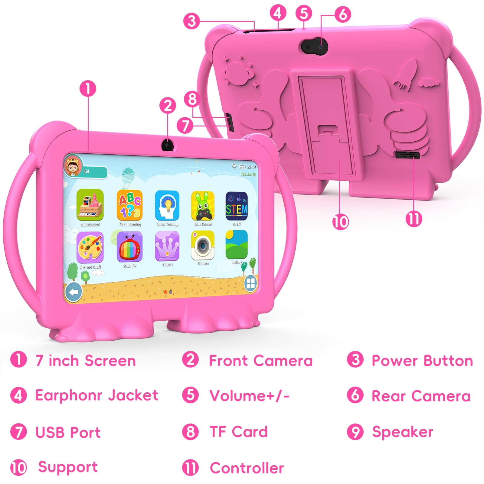 2024 Kids Tablet, 7 inch Android 12 Tablet for Kids, 4GB+32GB ROM+1TB Expand Pink