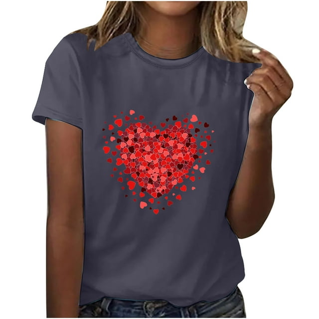 Chemises à Manches Courtes pour Femmes Adulte Mode Manches Courtes Col Rond Saint-Valentin Imprimé Blouse Décontractée T-Shirt Hauts Chemise Femmes Blouses à Manches Courtes Femmes Hauts à Manches Courtes