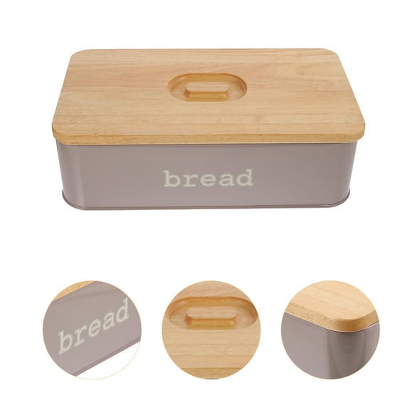 WHAMVOX Light Grey Metal Bread Box with Wooden Lid for Kitchen Storage, InsectProof and MoistureProof, Larger Size