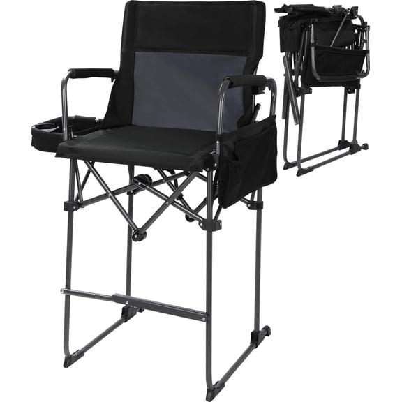 Portable 29" Seat Height Tall Folding Camping Chair High Foldable Directors Chair Bar Height Stool with Side Table and Storage Bag for Makeup Artist, Lawn,Craft Show,Supports 350LBS Black