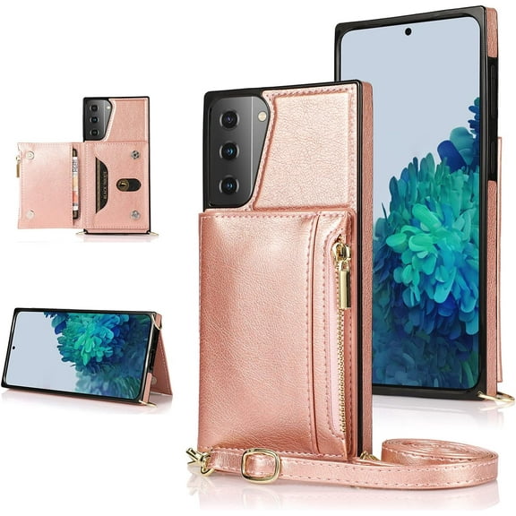 case for Samsung Galaxy S21 Women Wallet Case,Adjustable Crossbody Zipper Cover with Card Holder Slot Neck Strap Lanyard Purse Shoulder Strap Purse Case for Samsung Galaxy S21 FK Rose Gold