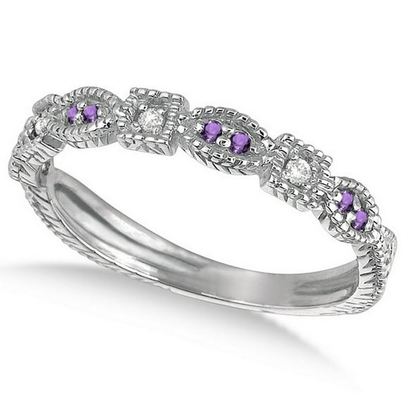 Vintage Stackable Diamond and Amethyst Ring 14k White Gold (0.15ct)