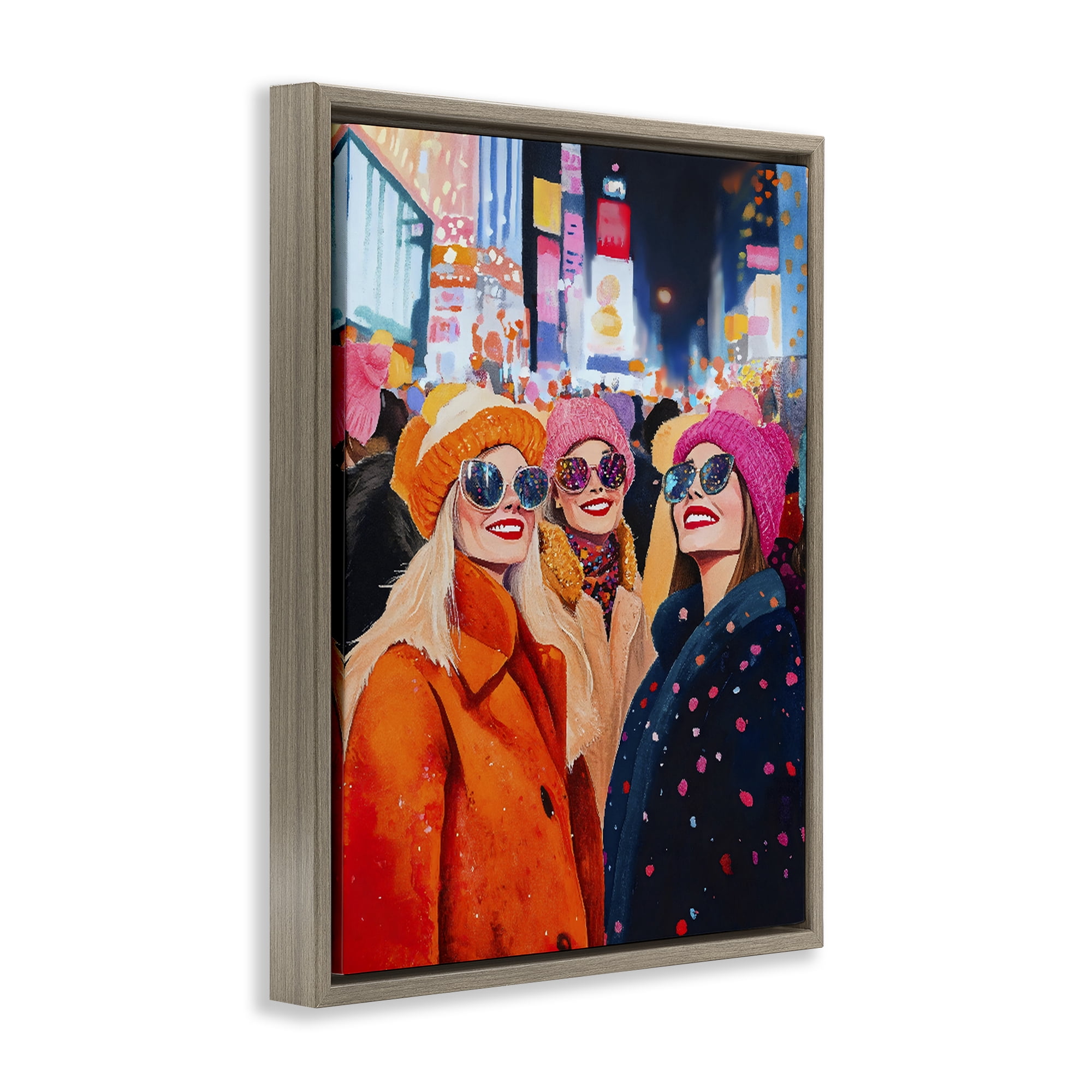 Stupell Industries New Year's Girls in City Brown Framed Floater Canvas Wall Art, design by LSR Design Studio