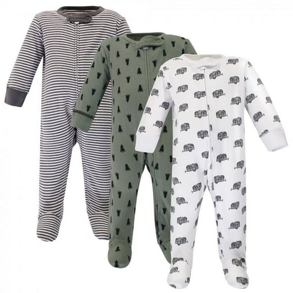 Touched by Nature Baby Boy Organic Cotton Zipper Sleep and Play 3pk, Happy Camper, 6-9 Months