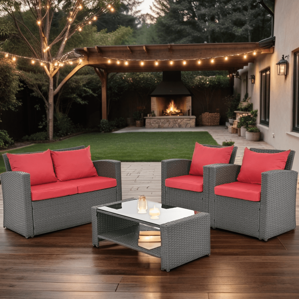 Highsound 4 Pieces Outdoor Sectional Sofa, Patio Furniture Sets Manual Weaving Wicker Rattan Patio Conversation Sets with Coffee Table, Red Cushions
