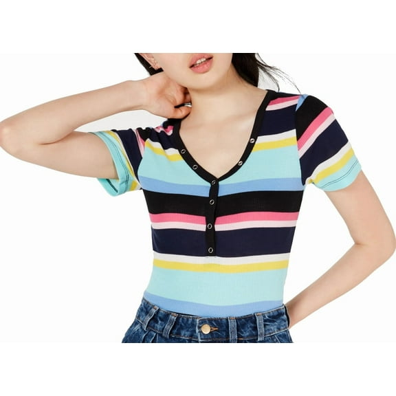Juniors' Striped V-Neck Top Black Stripe S