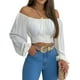 thumbnail image 2 of MIRACMODA Mujer Fuera del Hombro Fruncido Lazo Espalda Crop Top Verano Linterna Manga Boho Camisa Blusa, 2 of 5