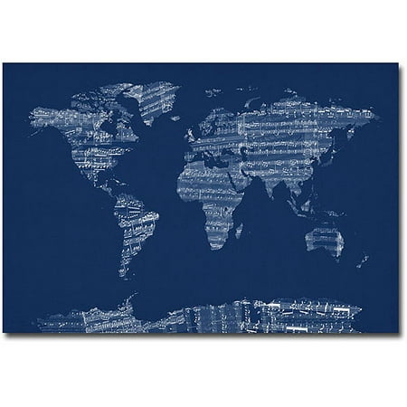 Trademark Art "Sheet Music World Map in Blue" Canvas Wall Art by Michael Tompsett