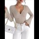 thumbnail image 1 of Camiseta de Larga Ajustada con Cuello en V Acanalado para Mujer, Top Informal de Moda con Mangas Acampanadas. Caqui M, 1 of 8