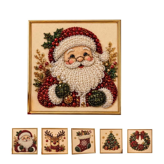 DIY Christmas Pearl Diamond Painting Art Kit with Frame, Christmas Pearl Beads Art Craft for Adults & Beginners, Gemstone Diamond Dots Beads Painting for Home Wall Decor