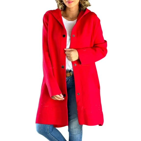 Fall Winter Women Woolen Jacket Hooded Mid Length Hoop Decor at Back Single-breasted Long Sleeves Solid Color Commuting Daily Wear Overcoat