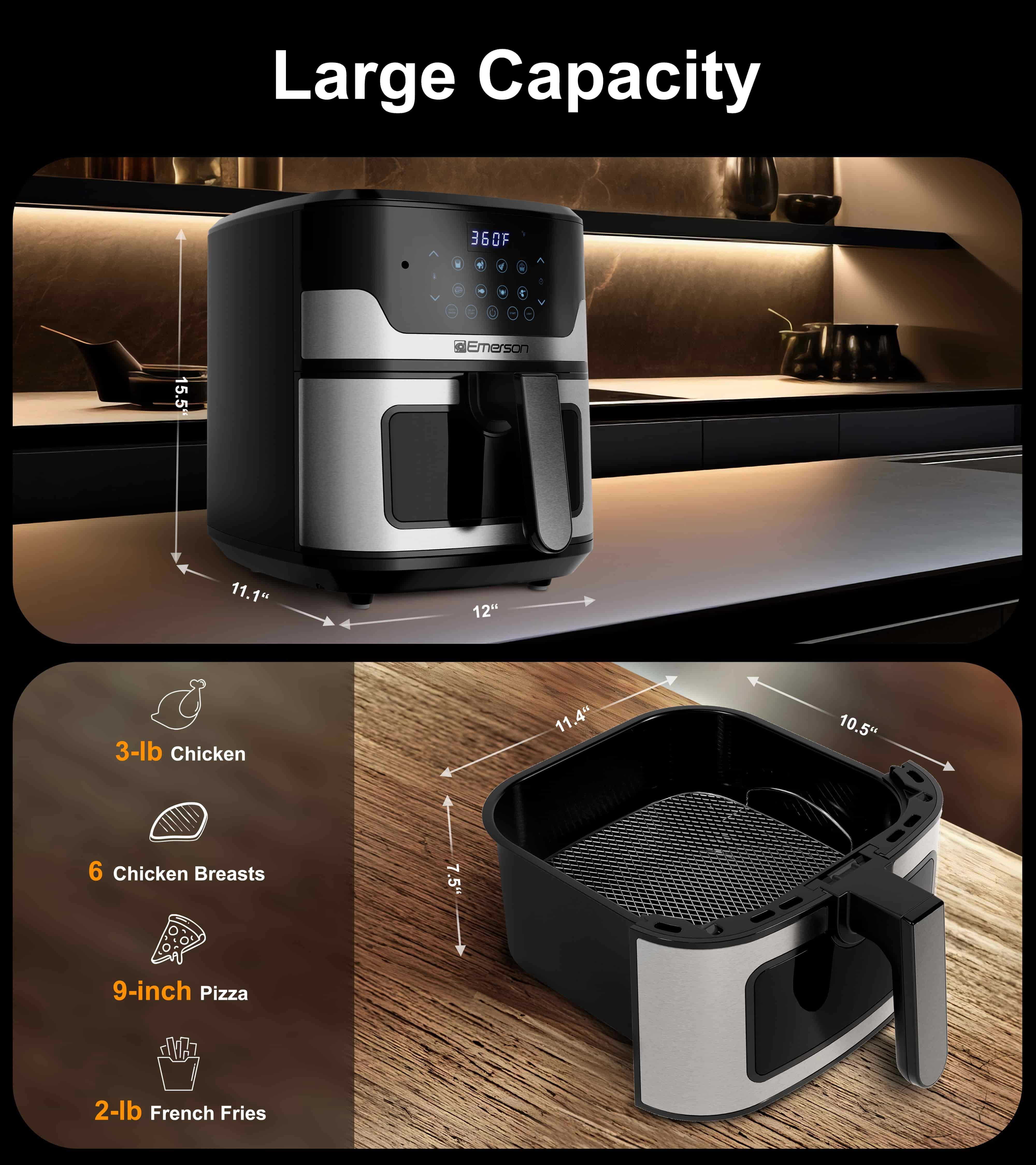 Emerson SmartVoice 5.3QT 6-in-1 Air Fryer, 1K+ Voice Control Commands, 100+ Recognized Food, No APP, No WIFI, Air Fry, Bake, Reheat, Dehydrate, 1500W