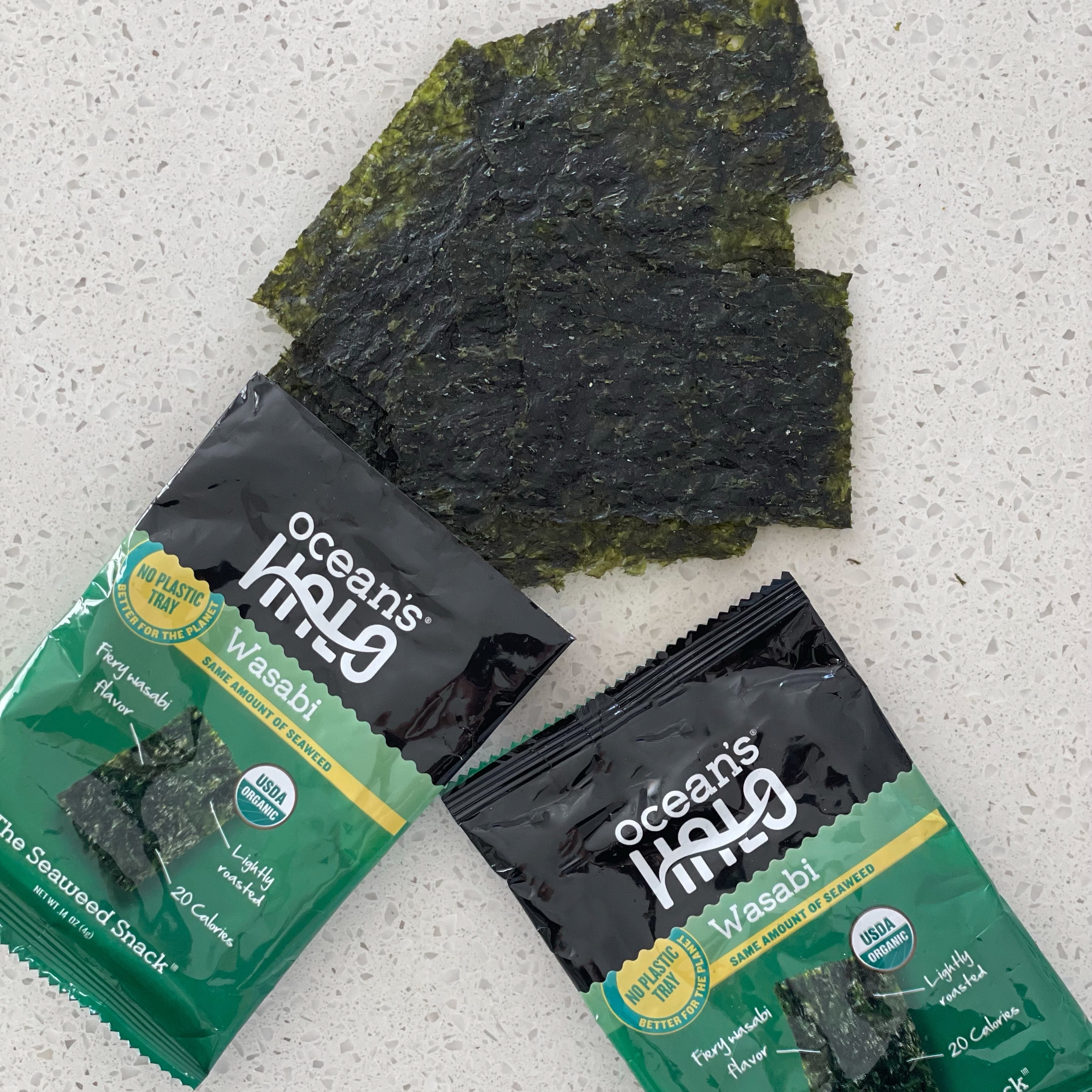 (4 pack) Ocean's Halo, Organic Trayless Seaweed Snack, Wasabi, Vegan, No Plastic Tray, 1pk Nori Sheets, Shelf-Stable, 0.14 oz