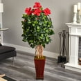 thumbnail image 5 of Nearly Natural 5' Hibiscus Tree Artificial Plant in Decorated Wooden Planter, Green, 5 of 5
