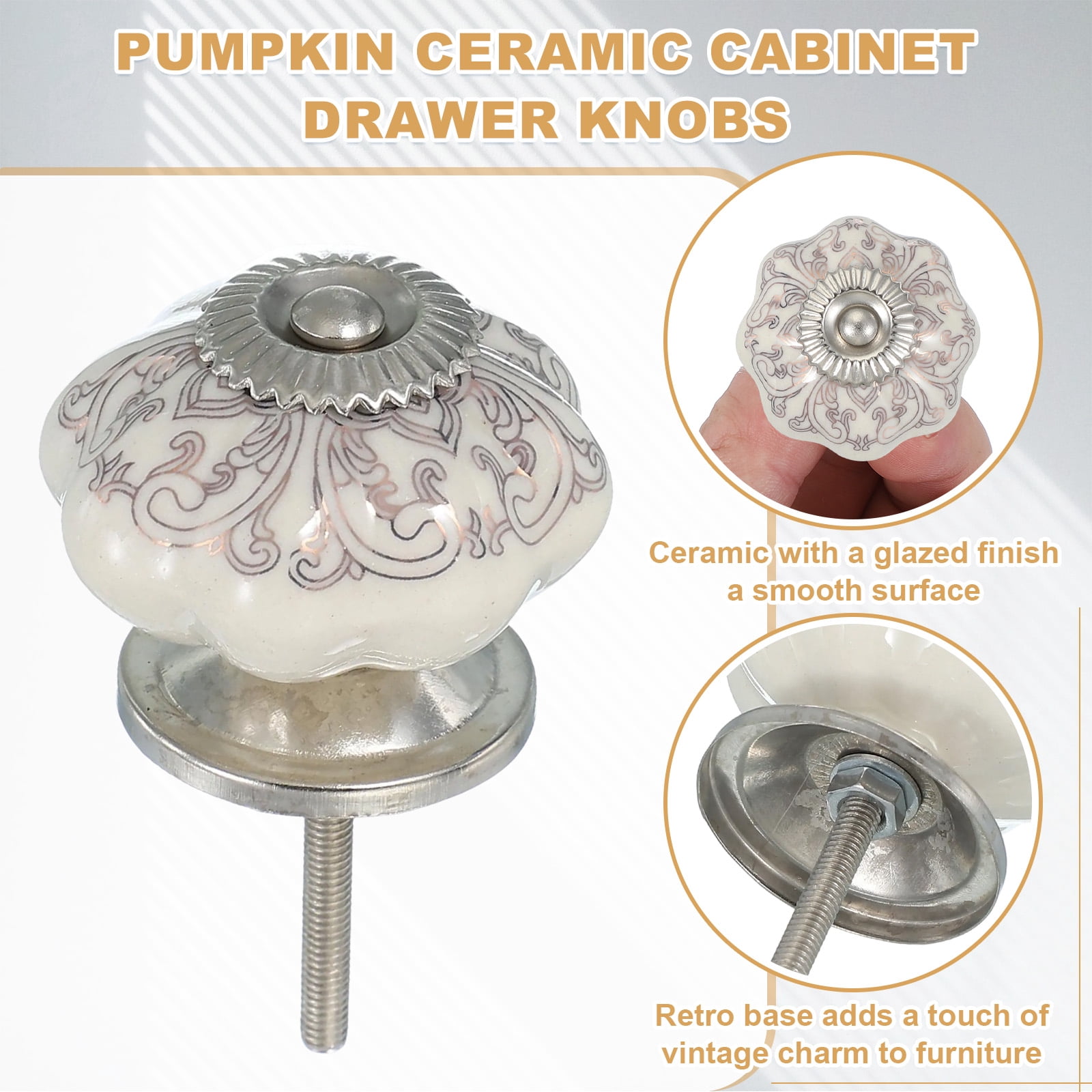 6 Packs Ceramic Knobs, Pumpkin Ceramic Cabinet Drawer Knobs with Screw for Closet Drawer Cupboard Wardrobe, White/Gold