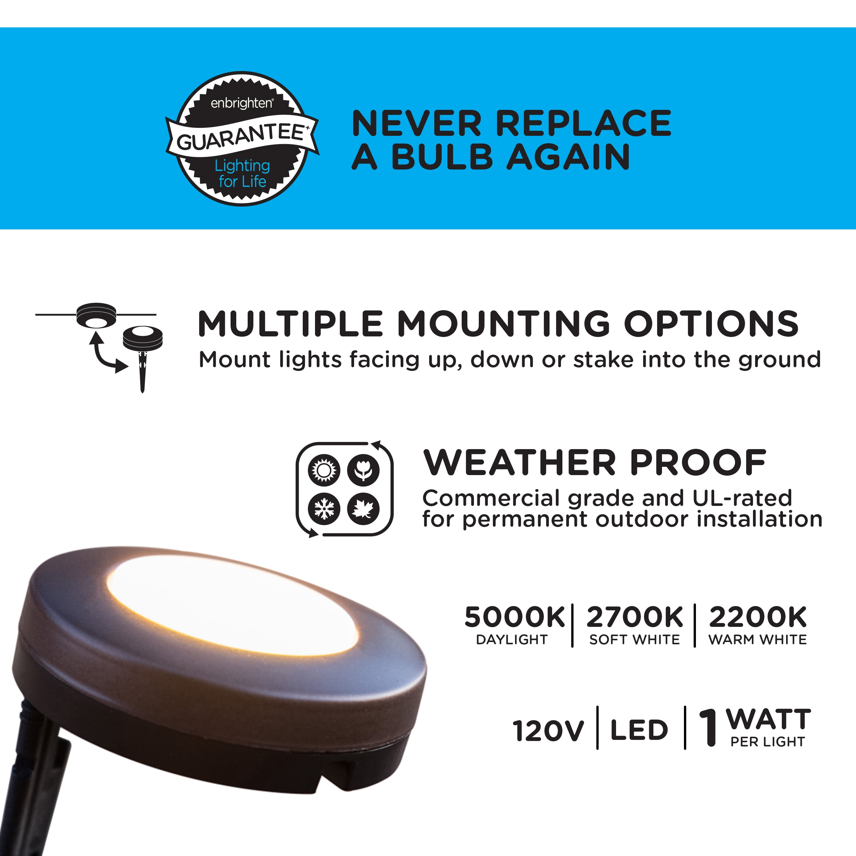 Enbrighten 40ft LED Color-Changing Landscape Lights, 6 pucks
