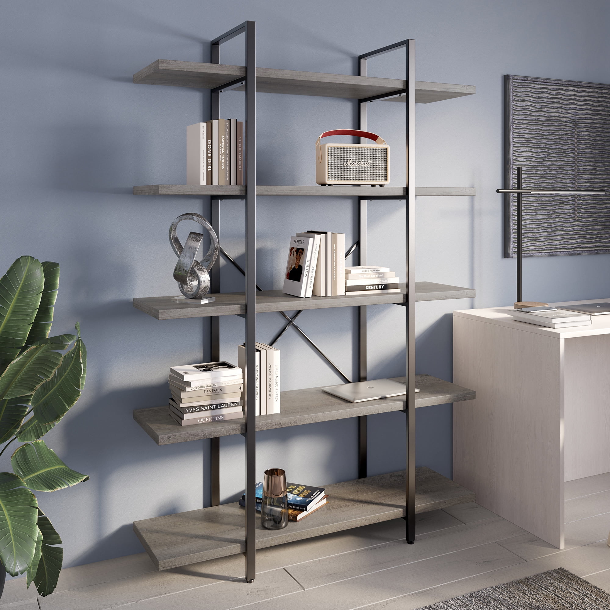 BELLEZE 5 Tier Modern Rustic Industrial Bookshelf - Hazel (Gray Wash)