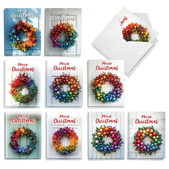 The Best Card Company 20 Assorted Christmas Notecards Bulk Box Set 4 x 5.12 Inch with Envelopes (10 Designs, 2 Each) Rainbow Wreaths AM10770XSG-B2x10
