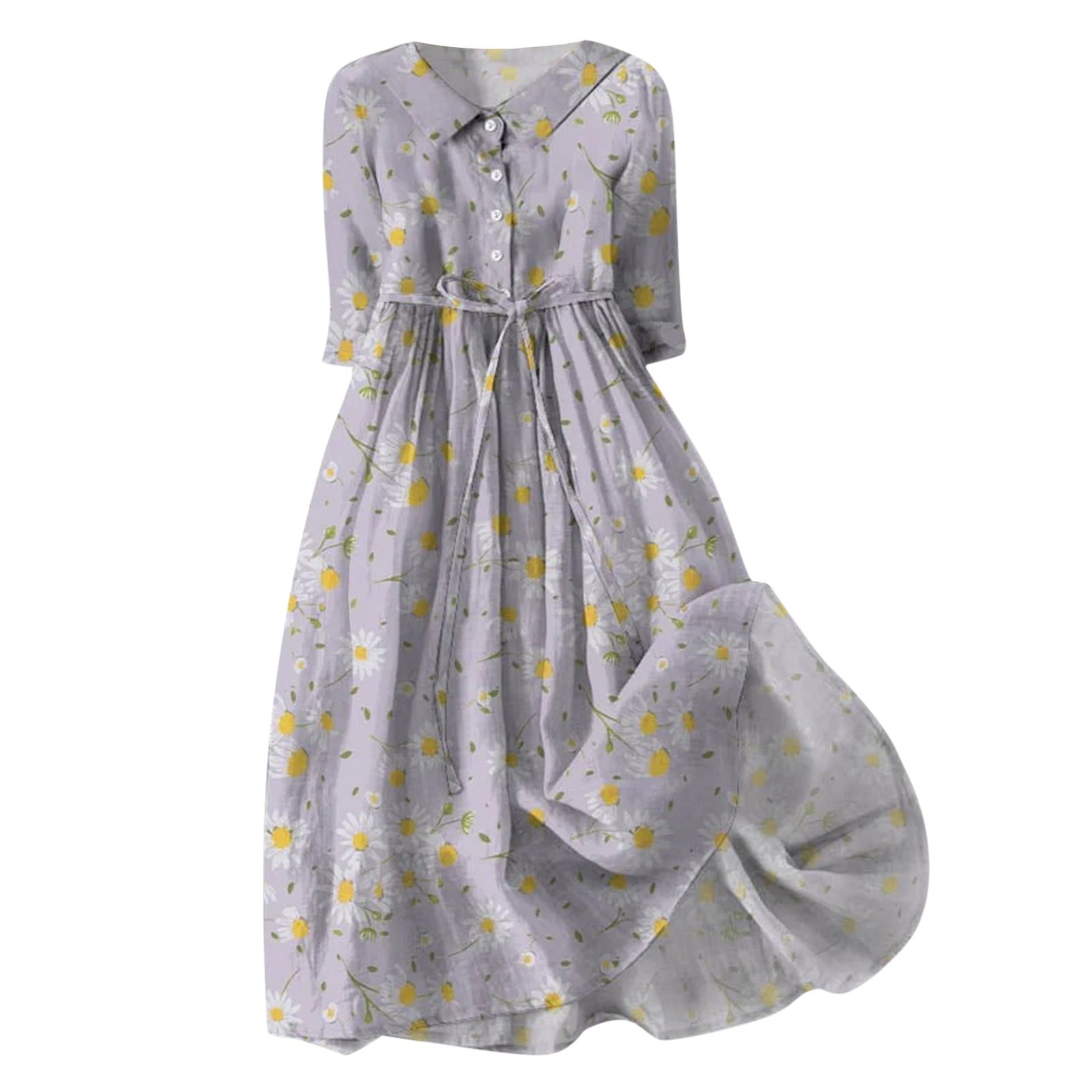 Daznico Elegant Dresses for Women,Women Korean Style Dresses Lace Up Waist  Defined Shirt Midi Dress Summer Half Sleeve A Line Dress,Dresses for Women  Hide Tummy