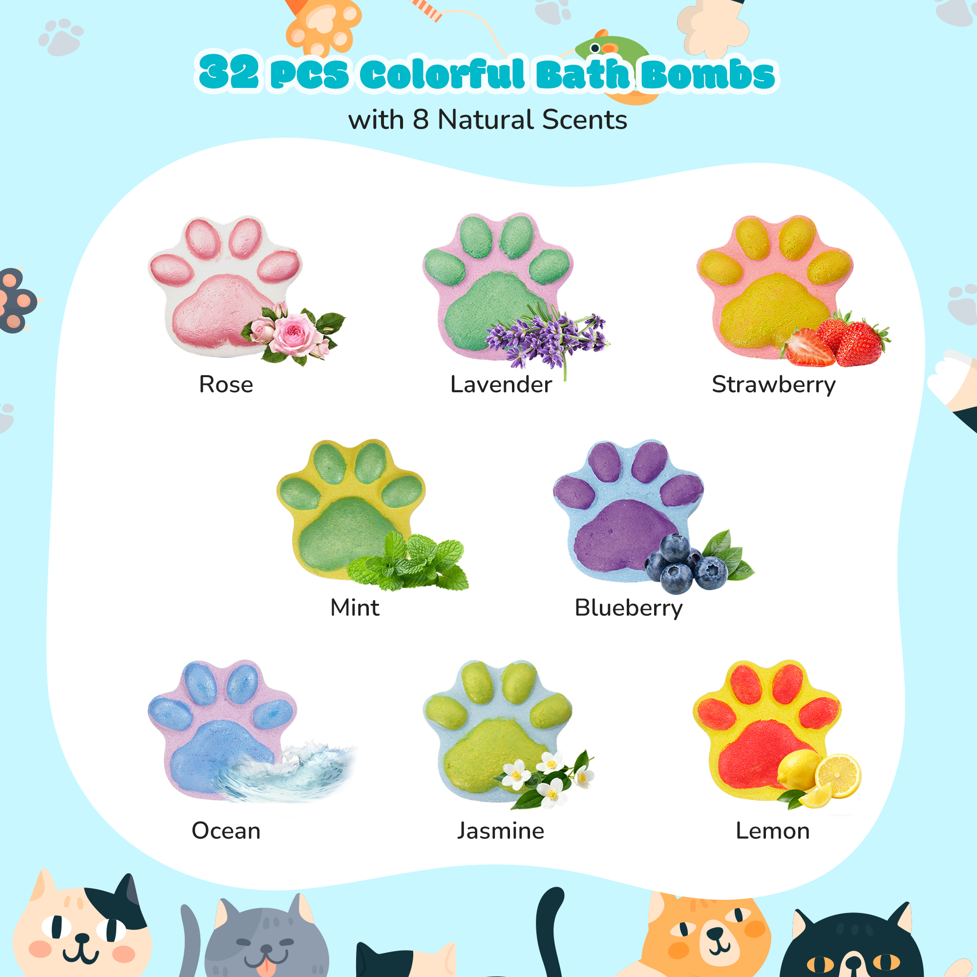 Bath Bomb Gift Set, 32 Pcs Natural Organic Cat Paw Bath Bombs with Rich Fizz,Shea & Coco Butter Dry Skin Moisturize,SPA Relaxing Gifts for Women & Men, Girls, Wife, Birthday