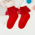 thumbnail image 2 of Sopiago Girls Ruffle Socks Double Lace Frilly Dress Socks Kids Turn Cuff Socks for Toddler Little Girls Cotton Ankle Socks 6-8 Years,Red, 2 of 3
