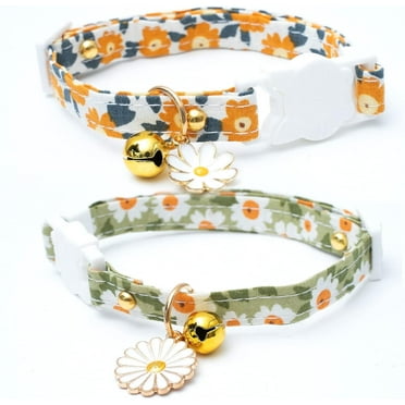 EUZODNAK 2 Pack Cotton Breakaway Cat Collars with Bell Daisy Pendant Kitty Kitten Collars Green Orange Collar for Female Girl Cats Male Boy Cats