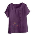 thumbnail image 4 of Shirts for Women Short Sleeve Round-Neck Floral Printed Button Casual T-shirt Purple XL, 4 of 4