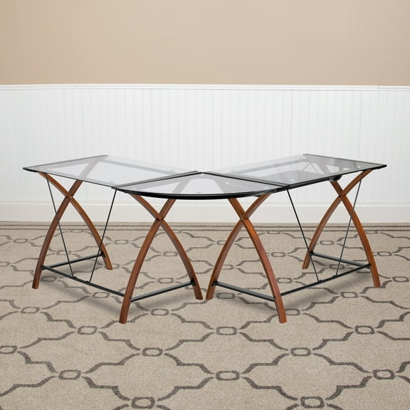 EMMA OLIVER L-Shape Glass Desk with Pull-Out Keyboard Tray, Clear Cherry