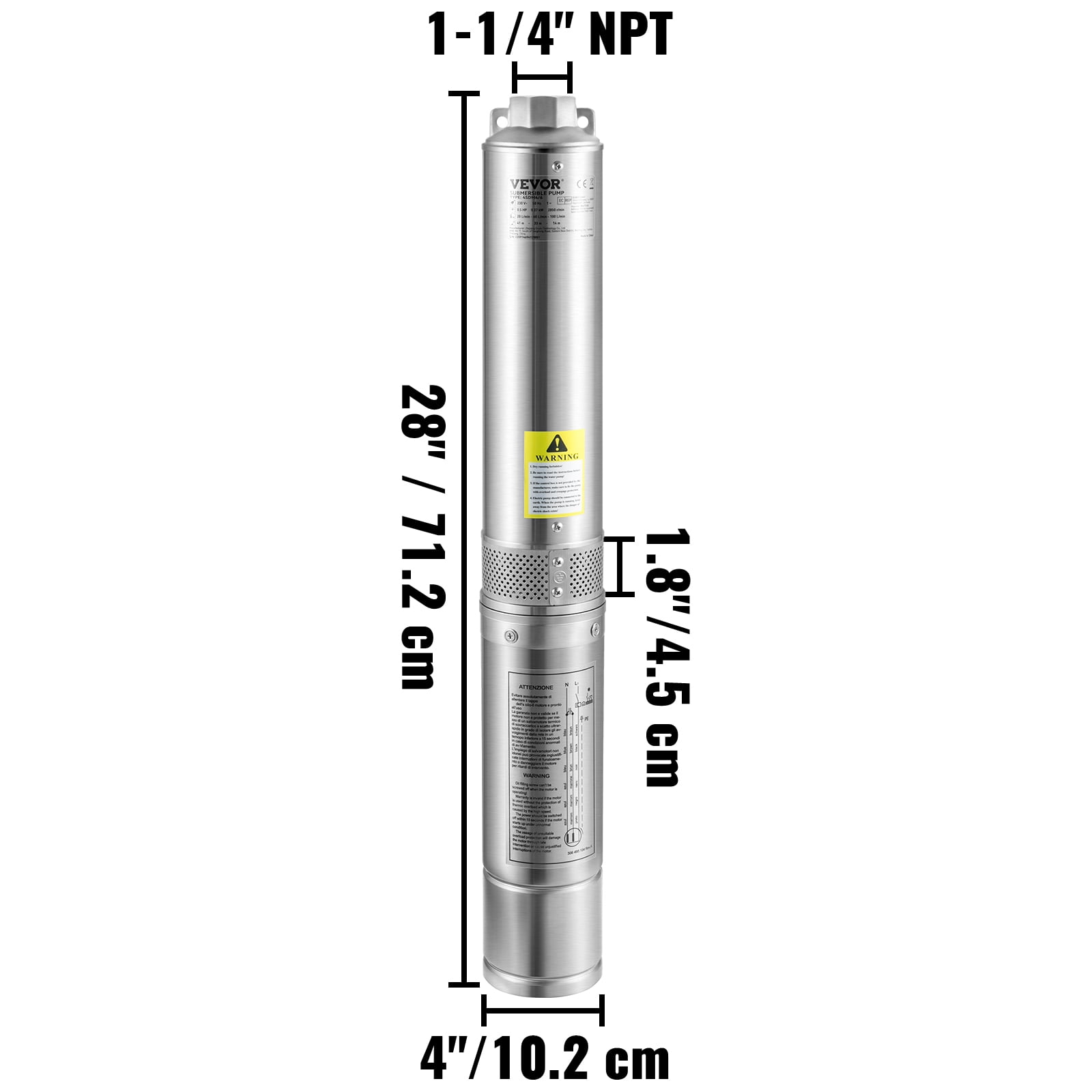 VEVOR Deep Well Submersible Pump, 0.5HP 230V/60Hz, 28gpm 167ft Head, with 33ft Electric Cord, 4" Stainless Steel Water Pumps for Industrial, Irrigation and Home Use, IP68 Waterproof Grade