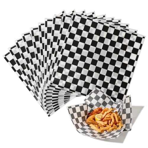 Fit Meal Prep 250 Sheets 12x12" Deli Paper, Black and White Checkered, Grease-Proof Wax Paper for Food Basket, Picnic, Burgers