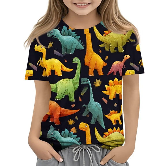 Abcomgle Girls Tshirts Crewneck Short Sleeve Dinosaur Graphic Tops Summer Fashion Cotton Girls Shirts Cute Girls Blouse,Saffron,5-6Years