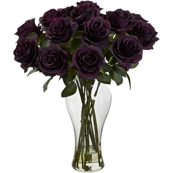 Nearly Natural Blooming Roses Artificial Arrangement with Vase, Purple