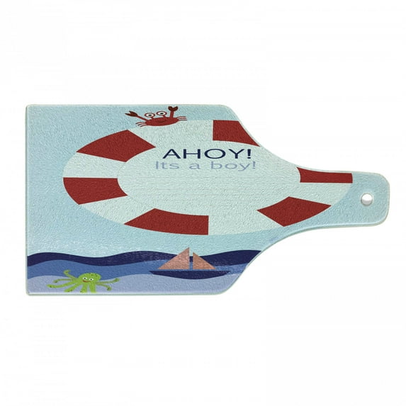 Ahoy Its a Boy Cutting Board, Announcement Card Inspired Composition Maritime Funny Sea Animals Theme, Decorative Tempered Glass Cutting and Serving Board, Wine Bottle Shape, Multicolor, by Ambesonne