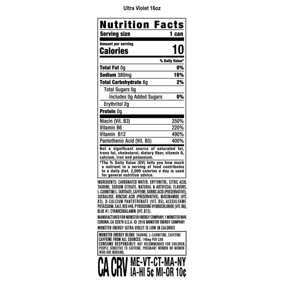 Monster Energy Ultra, Violet, Sugar Free Energy Drink, 16 Fl Oz