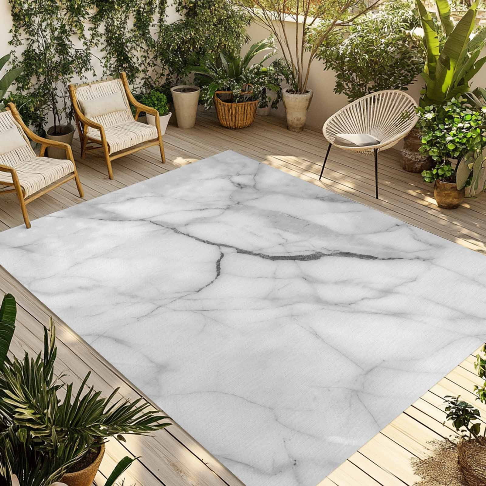 Outdoor Rug 5x8ft White Marble Large Area Rug Modern Abstract Art Indoor Outdoor Carpet Outdoor Rugs Mats for Patio Camping,RV,Front Door, Outside Decor