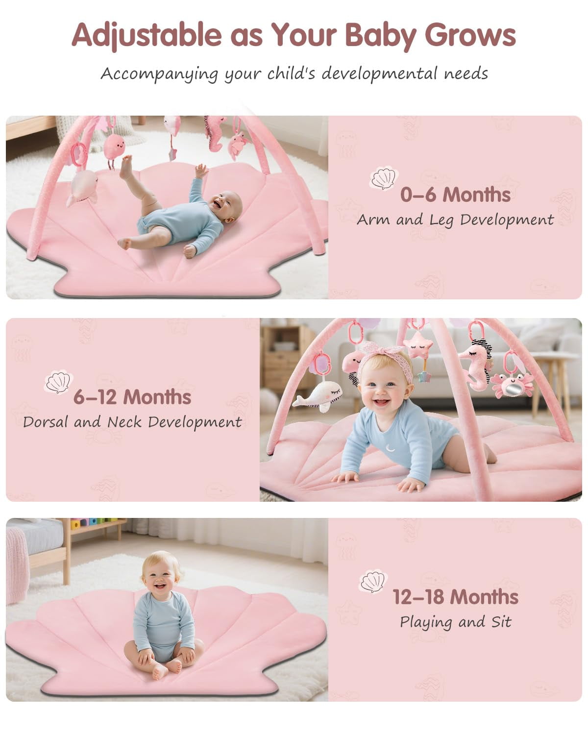 Baby Play Gym Mat, Oversize Tummy Time Activity Mat with 6 Detachable Toys for Infant 0-12 Months Sensory Exploration Skill Development,Pink