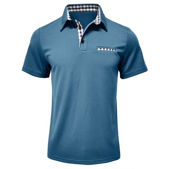 Adult Mems Polo Shirts Short Sleeve Button Tee Shirts Basic Blue Mens Summer Shirt